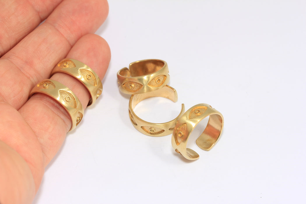 17-18mm Raw Brass Eye Rings, Evil Eye Ring, Adjustable Rings, Linear Band Rings, SLM396