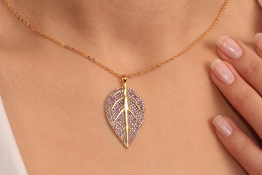 Gold Necklace With Cubic Zirconia Leaf Pendant