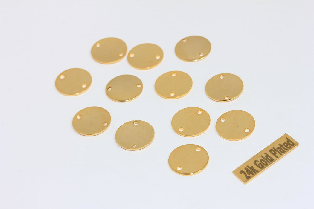 Ciondoli rotondi in oro lucido 24k da 14 mm, disco rotondo a due fori, BRT690