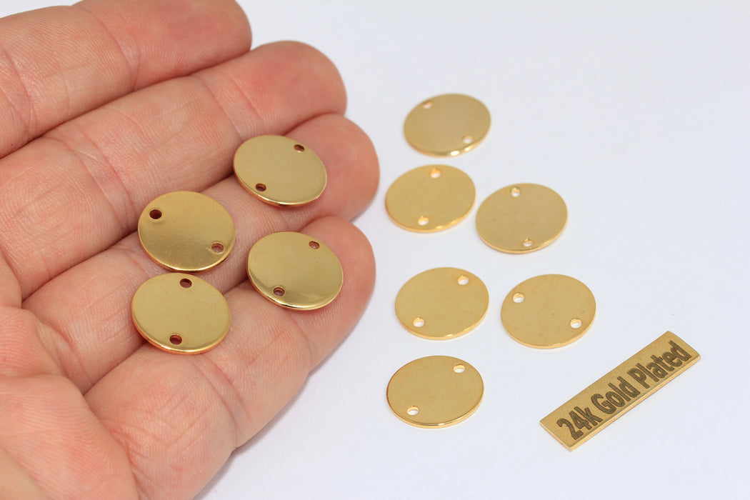 Ciondoli rotondi in oro lucido 24k da 14 mm, disco rotondo a due fori, BRT690