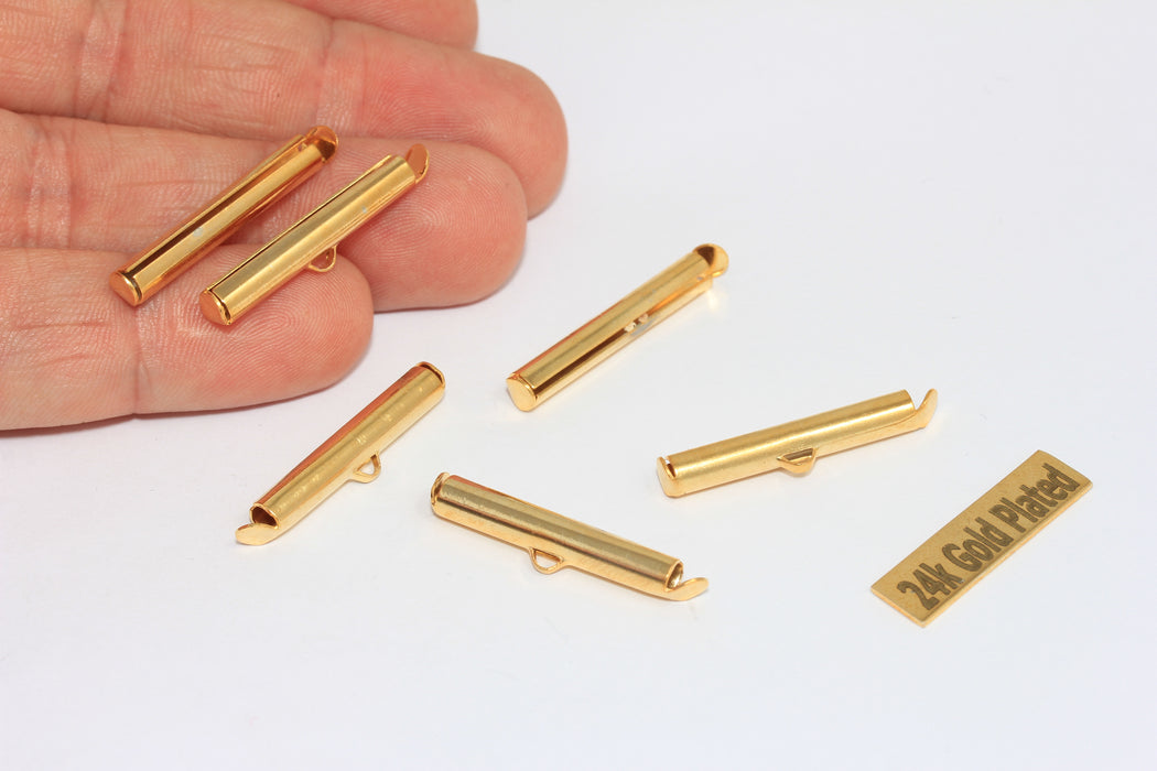 4x25mm 24 ayar Parlak Altın Tokalar, Kayar Uçlu Tokalar, Tüp, BRT679