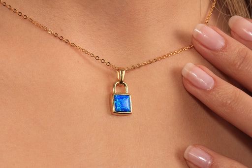 Gold Necklace With Turquoise Enamel Padlock Charm
