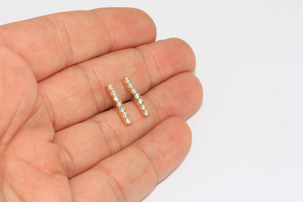 24k Shiny Gold Bar Earrings, Micro Pave Earrings, White Stone, BRT649