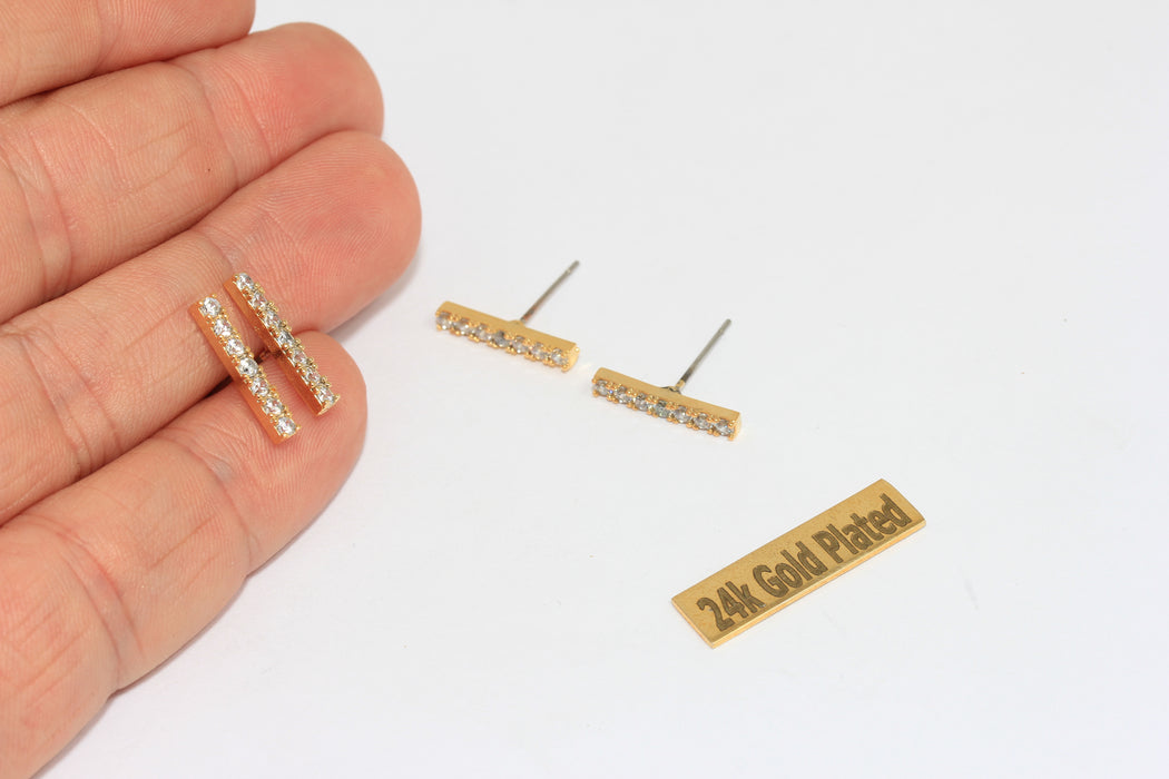 24k Shiny Gold Bar Earrings, Micro Pave Earrings, White Stone, BRT649