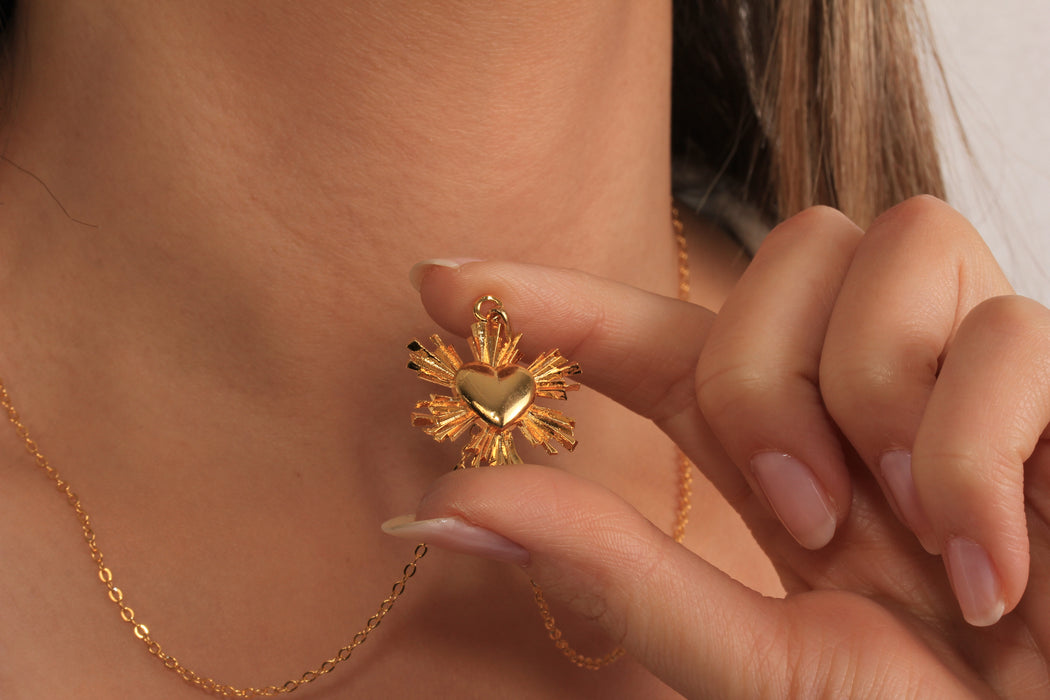 17'' 24 Ayar Parlak Altın Kalp Kolye, Kırmızı Mineli Kalp Kolye,