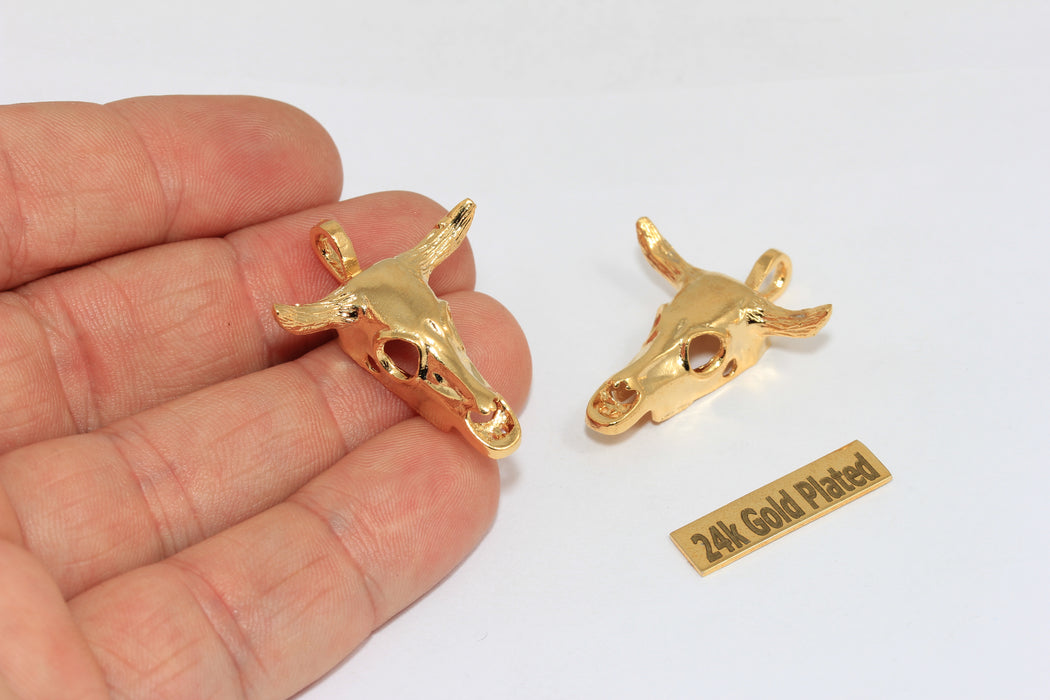 Ciondoli a forma di bovino in oro lucido 24k da 27x34 mm, bufalo dorato, oro BRT635