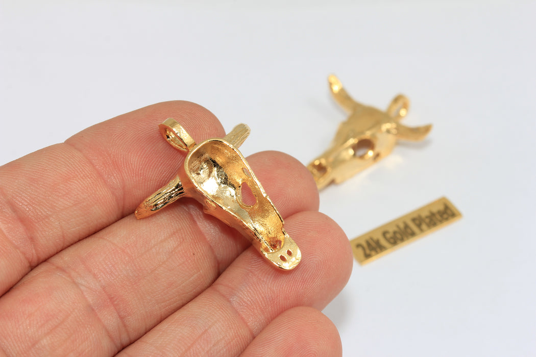 Ciondoli a forma di bovino in oro lucido 24k da 27x34 mm, bufalo dorato, oro BRT635