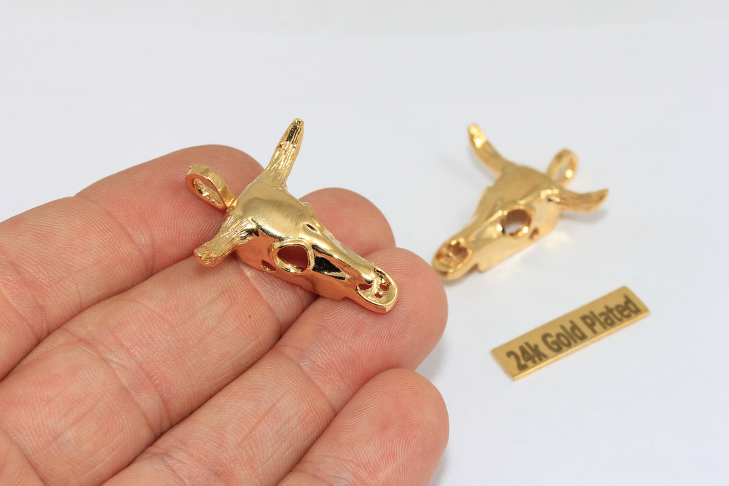 Ciondoli a forma di bovino in oro lucido 24k da 27x34 mm, bufalo dorato, oro BRT635