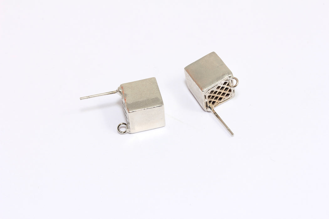 10mm Rhodium Plated Cube Studs, Cube Stud Earrings With Loop, MTE1456-1