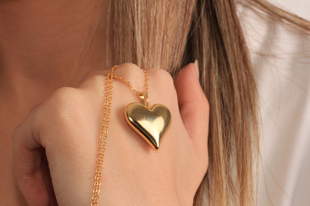 17'' 24 Ayar Parlak Altın Kalp Kolye, Kırmızı Mineli Kalp Kolye,