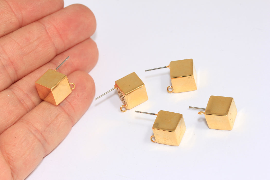 10mm 24k Shiny Gold Cube Studs, Cube Stud Earrings With Loop, Hollow Cube Earrings, XP240-1