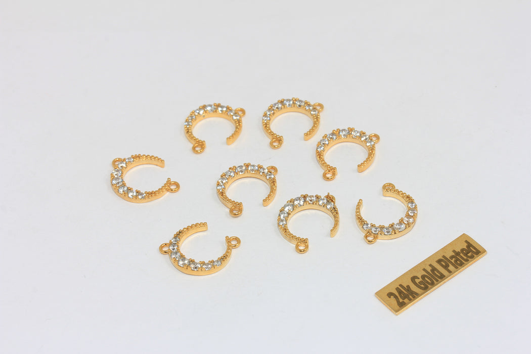 13x17mm 24k Shiny Gold Moon Bracelet Charm, Micro Pave Crescent Moon Bracelet Charm, Two Loop Moon Charms, BRT648