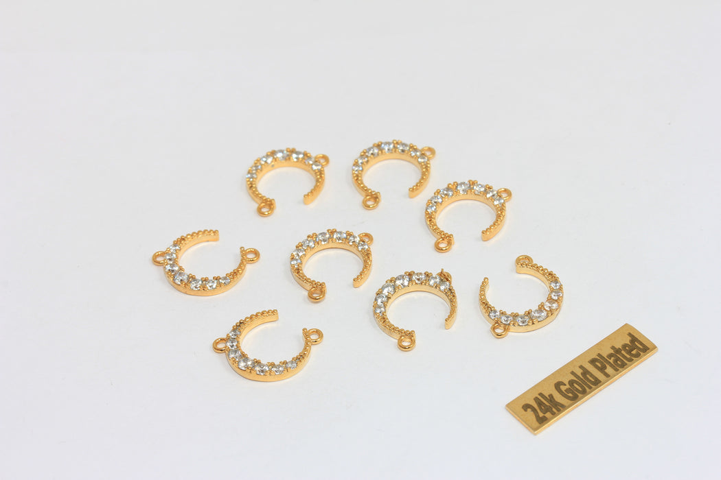 13x17mm 24k Shiny Gold Moon Bracelet Charm, Micro Pave Crescent Moon Bracelet Charm, Two Loop Moon Charms, BRT648