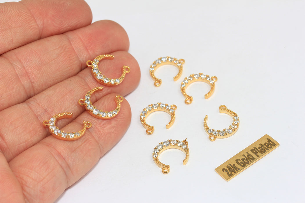 13x17mm 24k Shiny Gold Moon Bracelet Charm, Micro Pave Crescent Moon Bracelet Charm, Two Loop Moon Charms, BRT648
