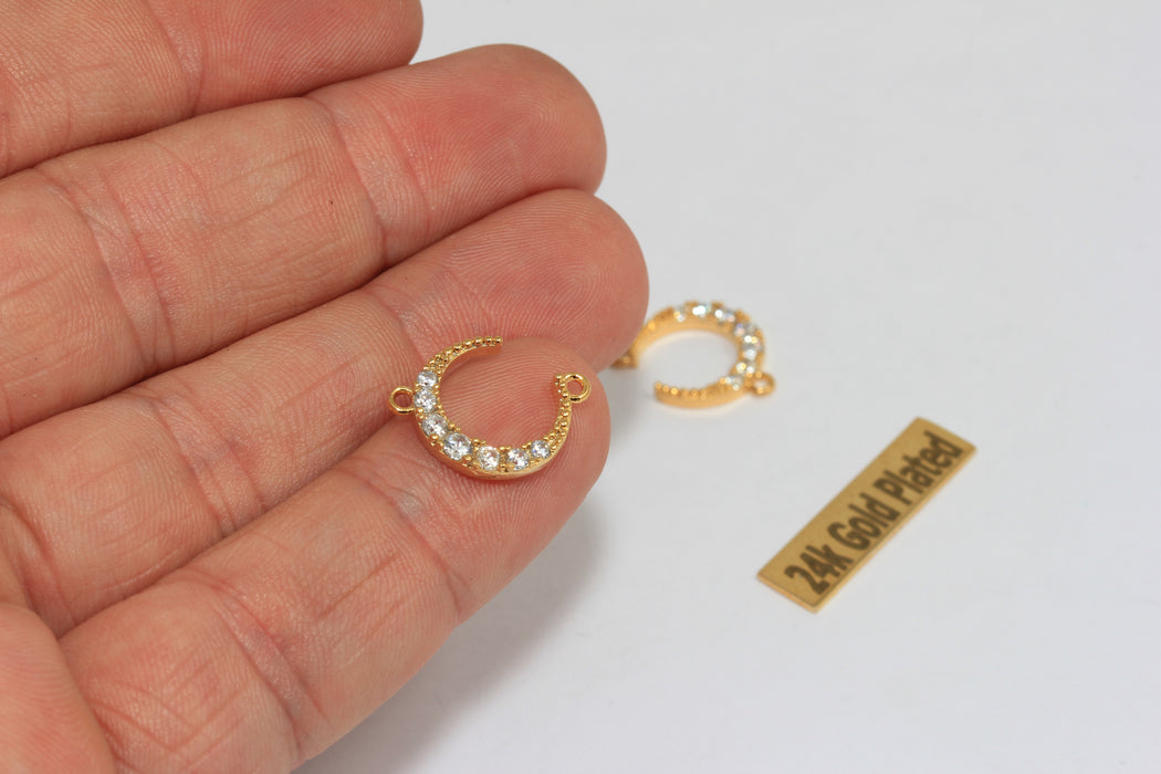 13x17mm 24k Shiny Gold Moon Bracelet Charm, Micro Pave Crescent Moon Bracelet Charm, Two Loop Moon Charms, BRT648