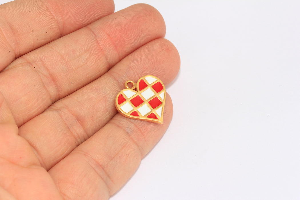 19mm 24k Shiny Gold Heart Charms, Love Necklace, Red And White Enamel Heart Medallion, SLM530-2