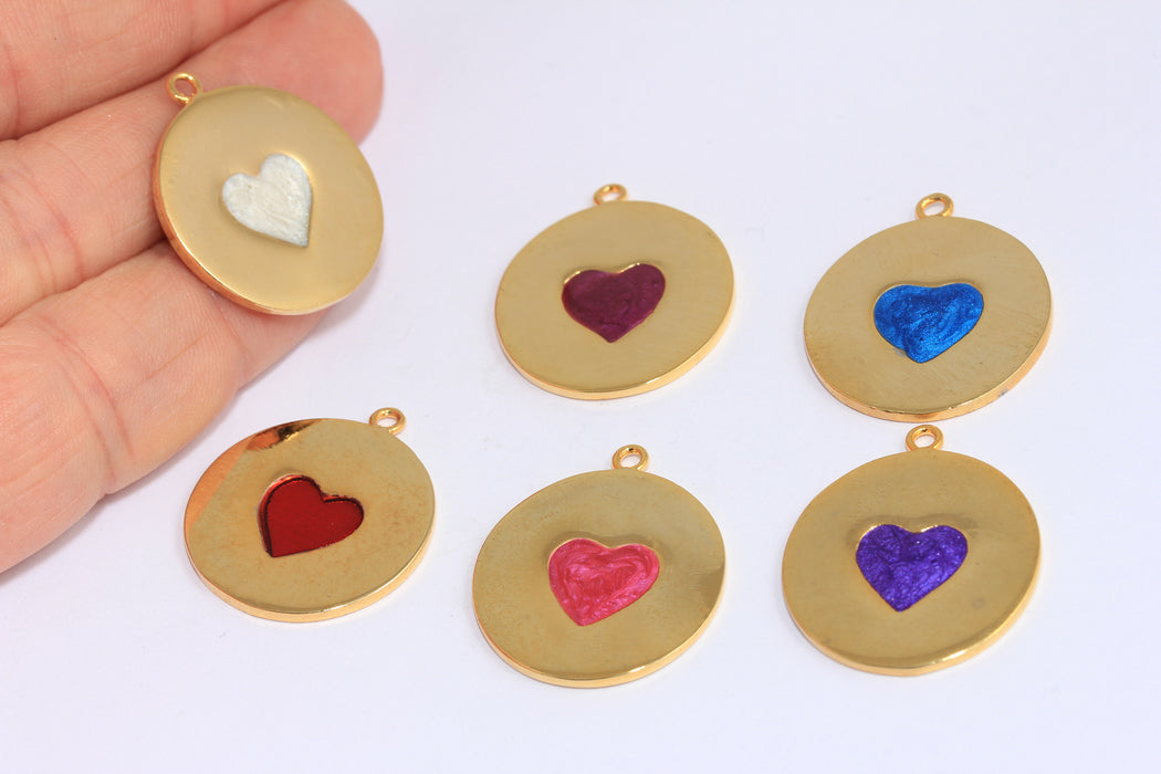 23x27mm 24k Shiny Gold Heart Medallion, Optional Enamel Color Heart Charm,