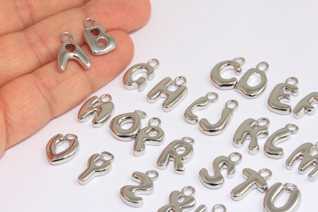 Rhodium Plated Letter Charm, Balloon Letter Beads, Personalized Letters, HRF80