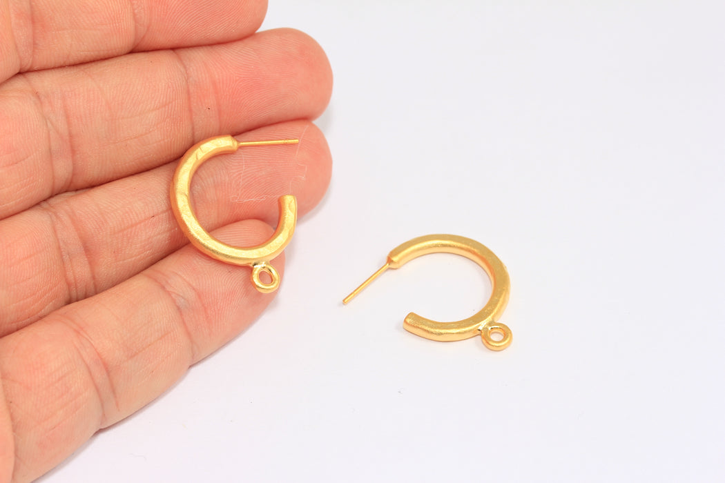 21mm 24k Matt Gold Hoop Earrings, Hammered Hoops With Loop, Charms Dangle Earrings, MGN76