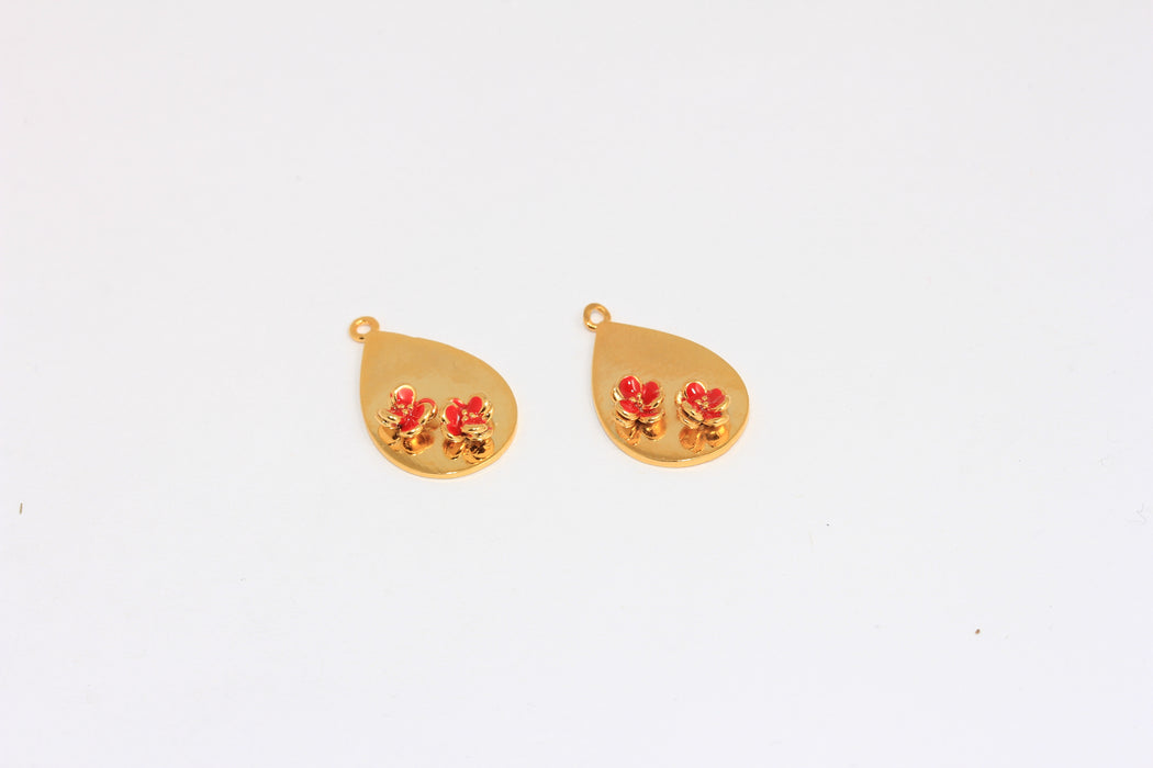 13x21mm 24k Shiny Gold Flower Medallion, Teardrop Medallion Necklace, Red Enamel Flower Charms, CMR29