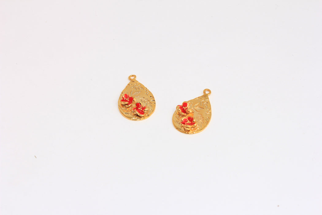 13x21mm 24k Shiny Gold Flower Medallion, Teardrop Medallion Necklace, Red Enamel Flower Charms, CMR9