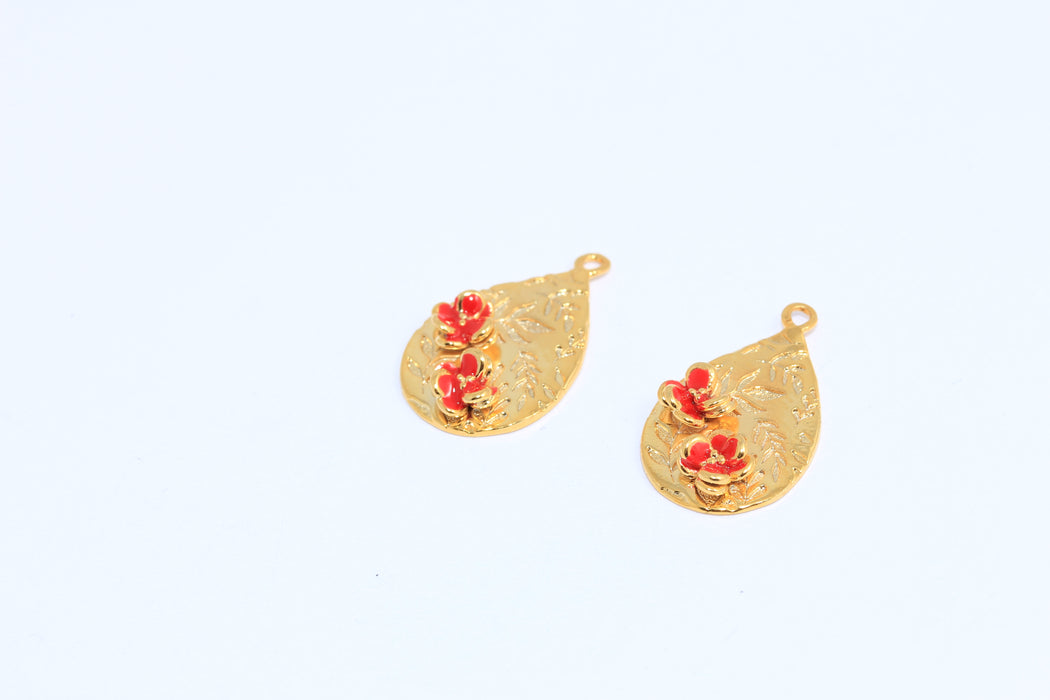 13x21mm 24k Shiny Gold Flower Medallion, Teardrop Medallion Necklace, Red Enamel Flower Charms, CMR9