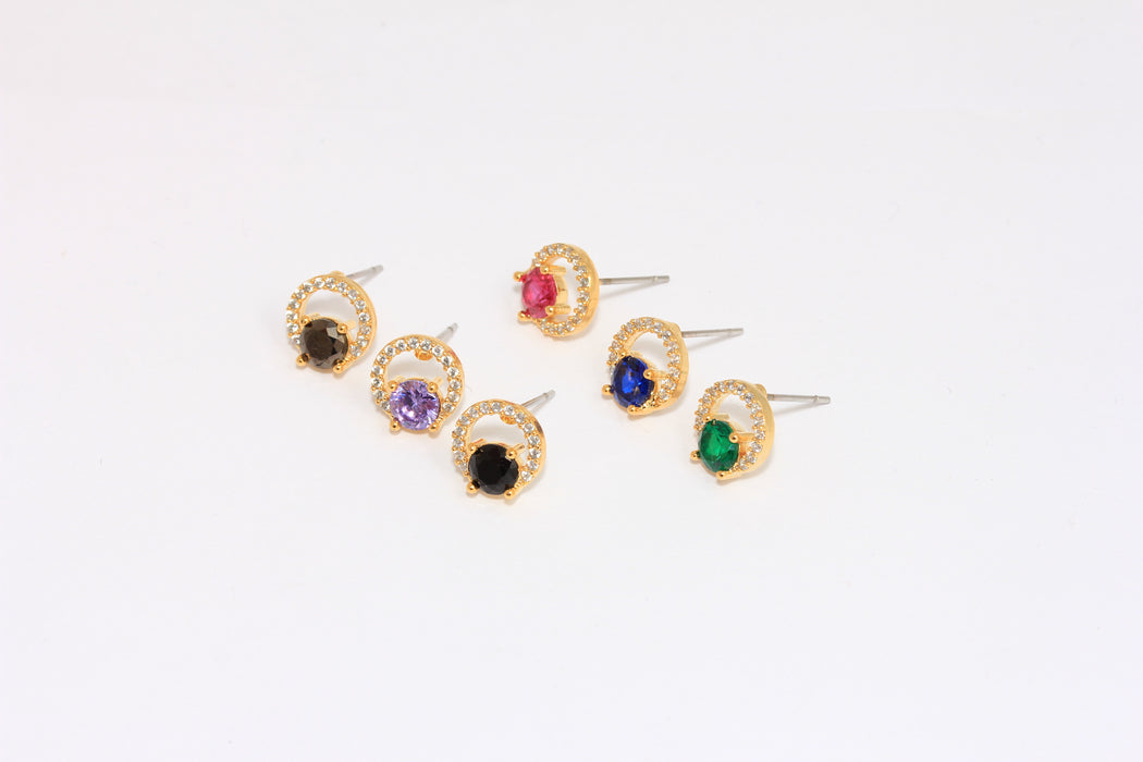 10mm 24k Shiny Gold CZ Stud Earrings, Micro Pave Circle Studs, CZ Optional Stone Color Dainty Earrings, XP444