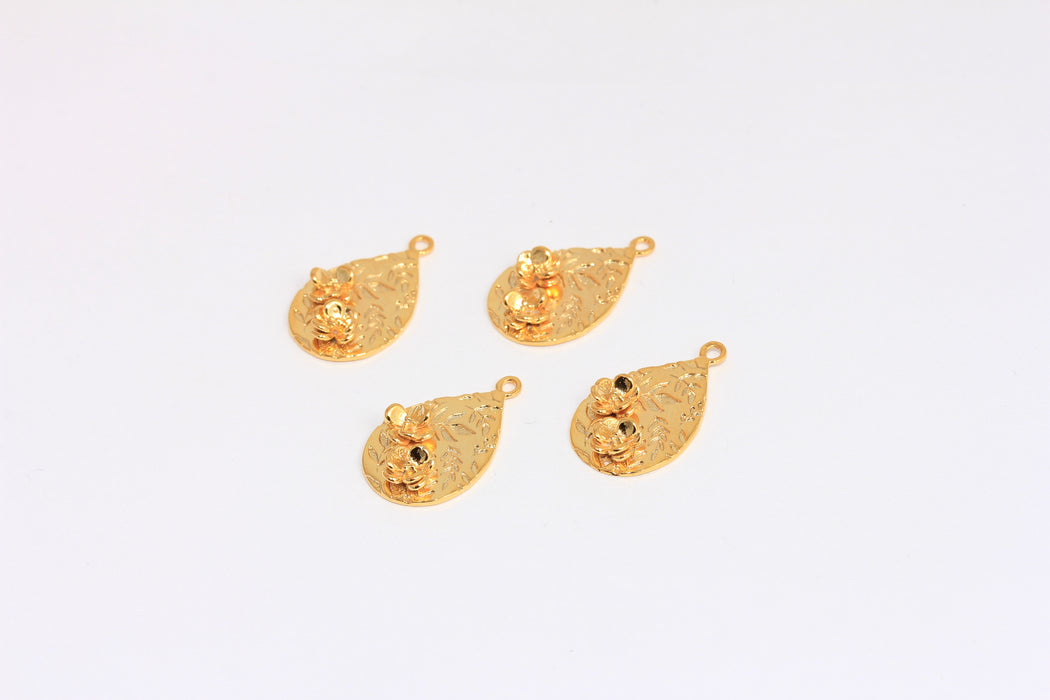 13x21mm 24k Shiny Gold Flower Medallion, Gold Rose Teardrop Medallion Necklace, XP558