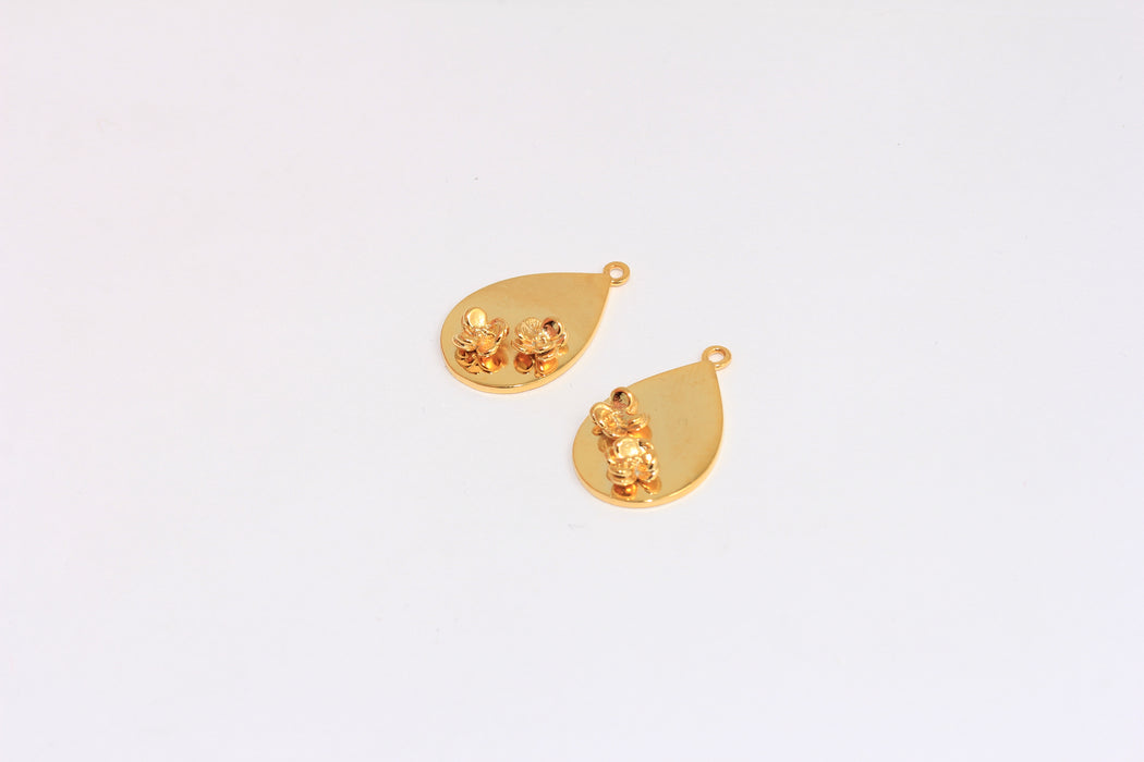13x21mm 24k Shiny Gold Flower Medallion, Gold Rose Teardrop Medallion Necklace, XP475