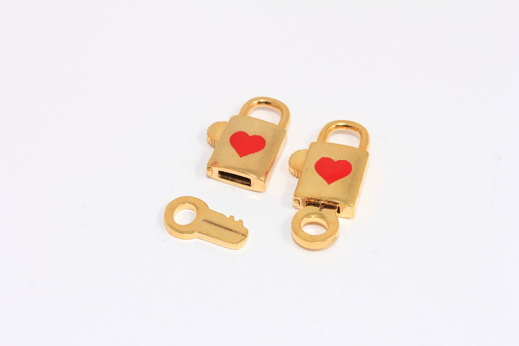18x25mm 24k Shiny Gold Lock Beads, Heart Lock With Key Pendant, MTE1427