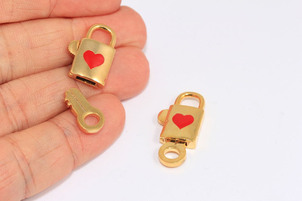18x25mm 24k Shiny Gold Lock Beads, Heart Lock With Key Pendant, MTE1427