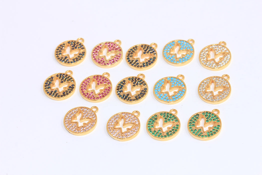 12x14mm 24 ayar parlak altın cz kelebek sikke takıları, mikro döşemeli kelebek boncukları, isteğe bağlı taş rengi kelebek