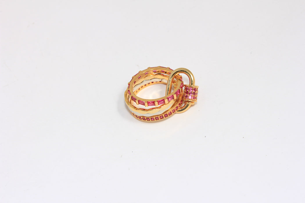 24k Shiny Gold CZ Multi Link Rings, Micro Pave Ring With Screw Clasp, CZ Pink Stone Layered Rings,
