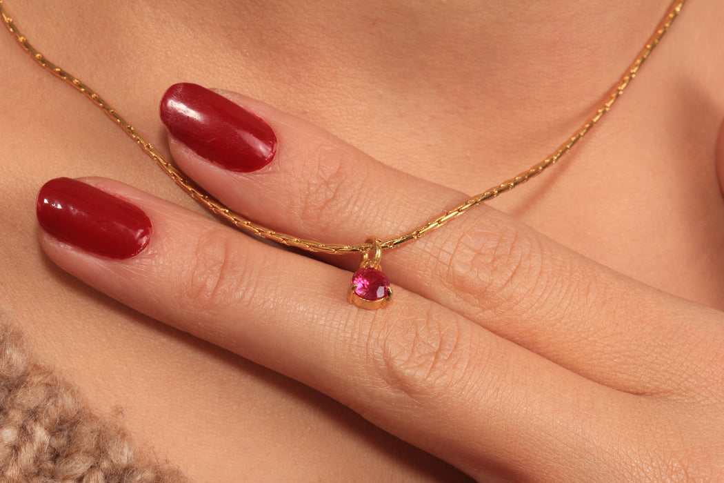 17'' +2'' Dainty Cubic Zirconia Charm Necklace, Ruby Stone Drop Charm Necklace, Cute Necklace, Everyday Necklace, JN5-1
