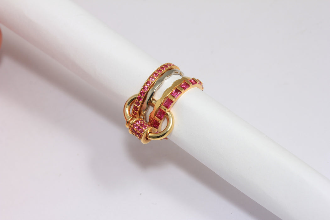 24k Shiny Gold CZ Multi Link Rings, Micro Pave Ring With Screw Clasp, CZ Pink Stone Layered Rings,