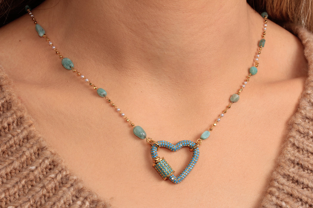 Cubic Zirconia Heart Screw Clasp Necklace, Micro Pave Turquoise Stone Heart Necklace, Stone Beaded Necklace, JN5-2