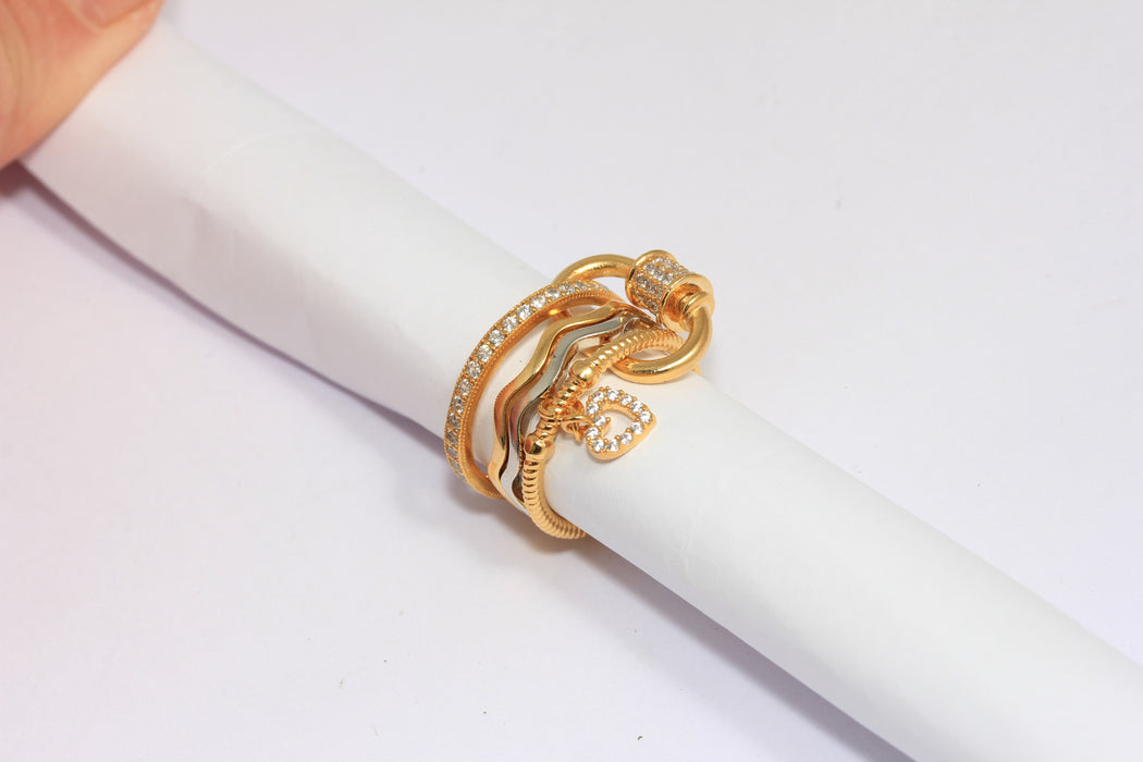 24k Shiny Gold CZ Multi Link Rings, Micro Pave Ring With Screw Clasp, CZ White Stone Layered Rings,
