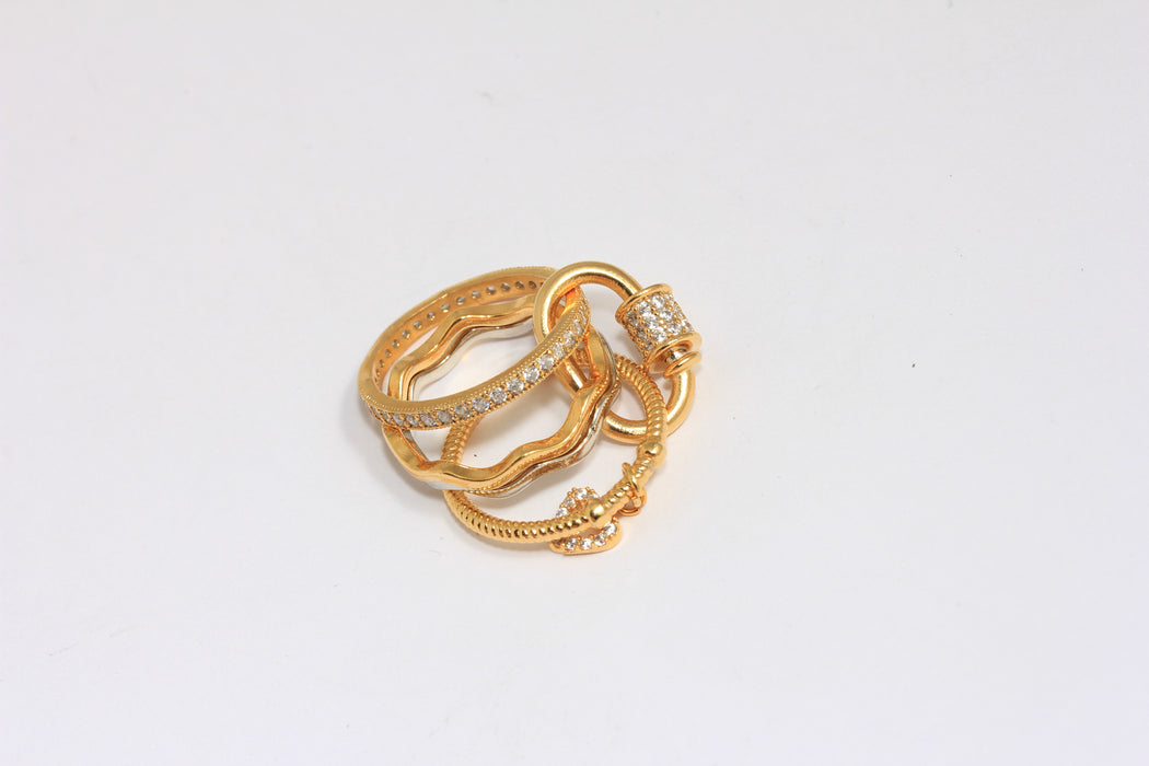 24k Shiny Gold CZ Multi Link Rings, Micro Pave Ring With Screw Clasp, CZ White Stone Layered Rings,