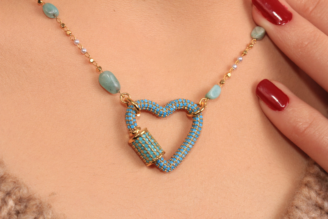 Cubic Zirconia Heart Screw Clasp Necklace, Micro Pave Turquoise Stone Heart Necklace, Stone Beaded Necklace, JN5-2