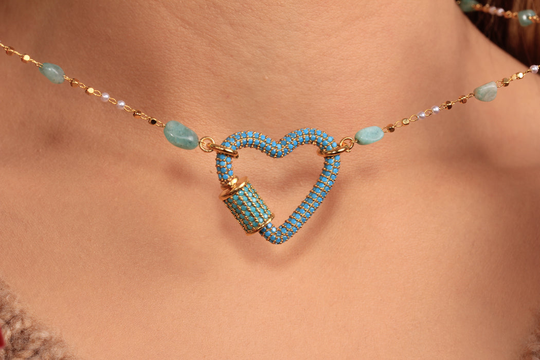 Cubic Zirconia Heart Screw Clasp Necklace, Micro Pave Turquoise Stone Heart Necklace, Stone Beaded Necklace, JN5-2