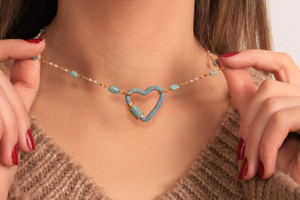 Cubic Zirconia Heart Screw Clasp Necklace, Micro Pave Turquoise Stone Heart Necklace, Stone Beaded Necklace, JN5-2