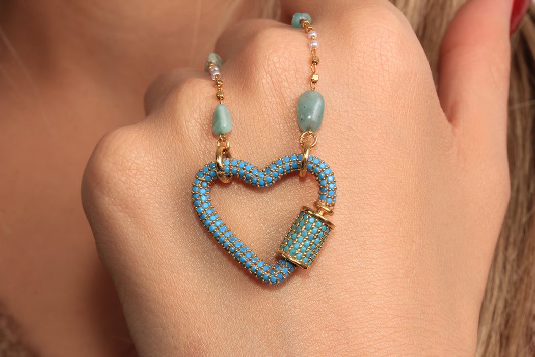 Cubic Zirconia Heart Screw Clasp Necklace, Micro Pave Turquoise Stone Heart Necklace, Stone Beaded Necklace, JN5-2