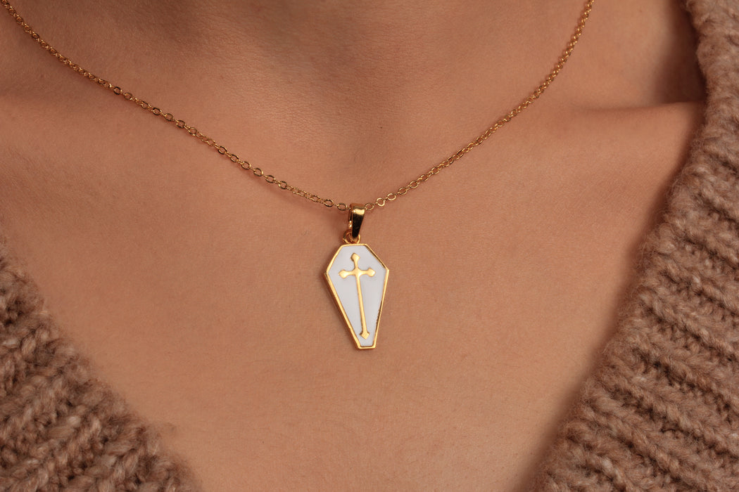 Enamel Cross Pendant Necklace, Coffin Shape Charm Necklace, Religious Jewelry, Halloween Charm Necklace, JN5-5