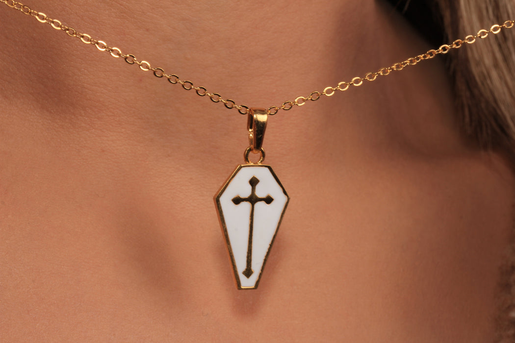 Enamel Cross Pendant Necklace, Coffin Shape Charm Necklace, Religious Jewelry, Halloween Charm Necklace, JN5-5