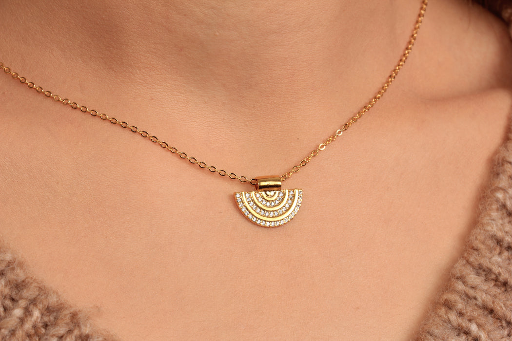 Cubic Zirconia Half Circle Pendant Necklace, Micro Pave White Stone Bib Charm Necklace, Elegant Necklace, JN5-7