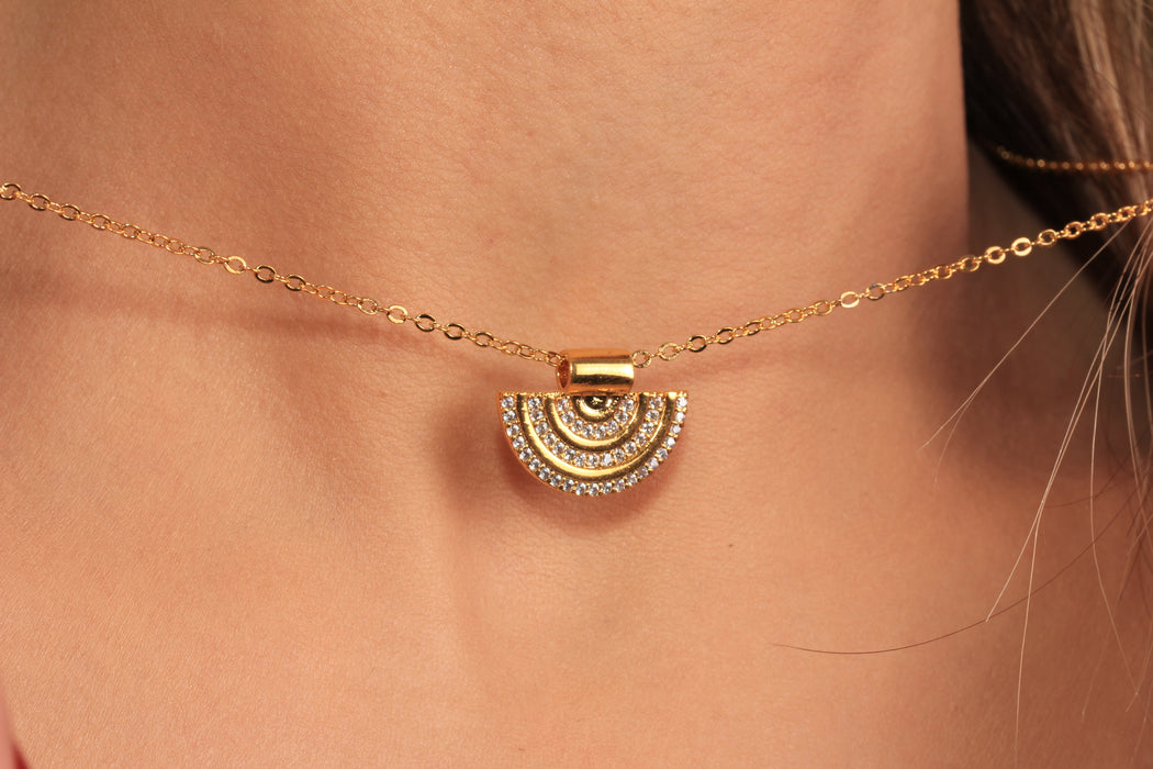 Cubic Zirconia Half Circle Pendant Necklace, Micro Pave White Stone Bib Charm Necklace, Elegant Necklace, JN5-7