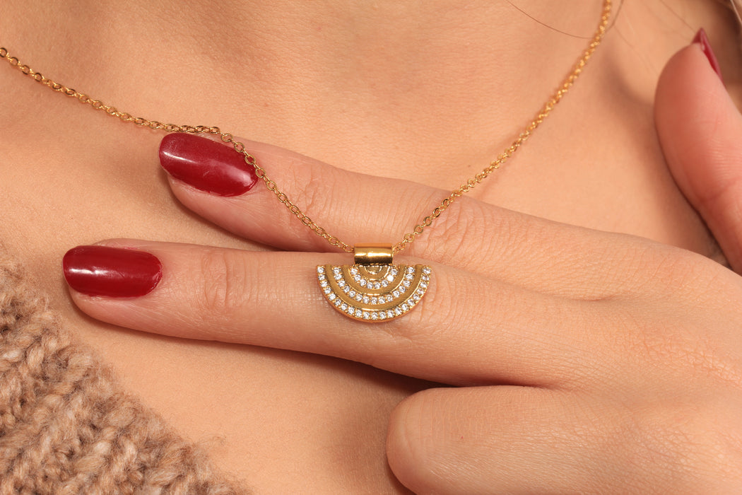 Cubic Zirconia Half Circle Pendant Necklace, Micro Pave White Stone Bib Charm Necklace, Elegant Necklace, JN5-7