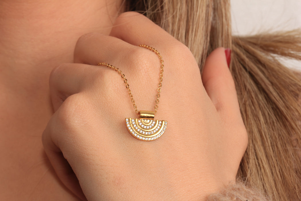 Cubic Zirconia Half Circle Pendant Necklace, Micro Pave White Stone Bib Charm Necklace, Elegant Necklace, JN5-7