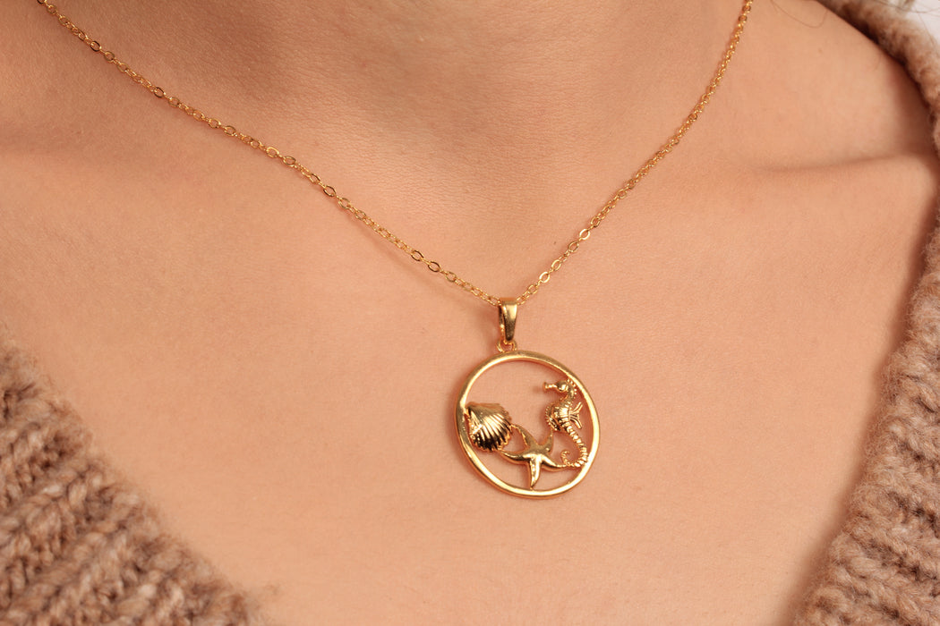 Summer Medallion Necklace, Starfish Charm Necklace, Shell Necklace, Seahorse Necklace, Cute Everyday Necklace, JN5-8