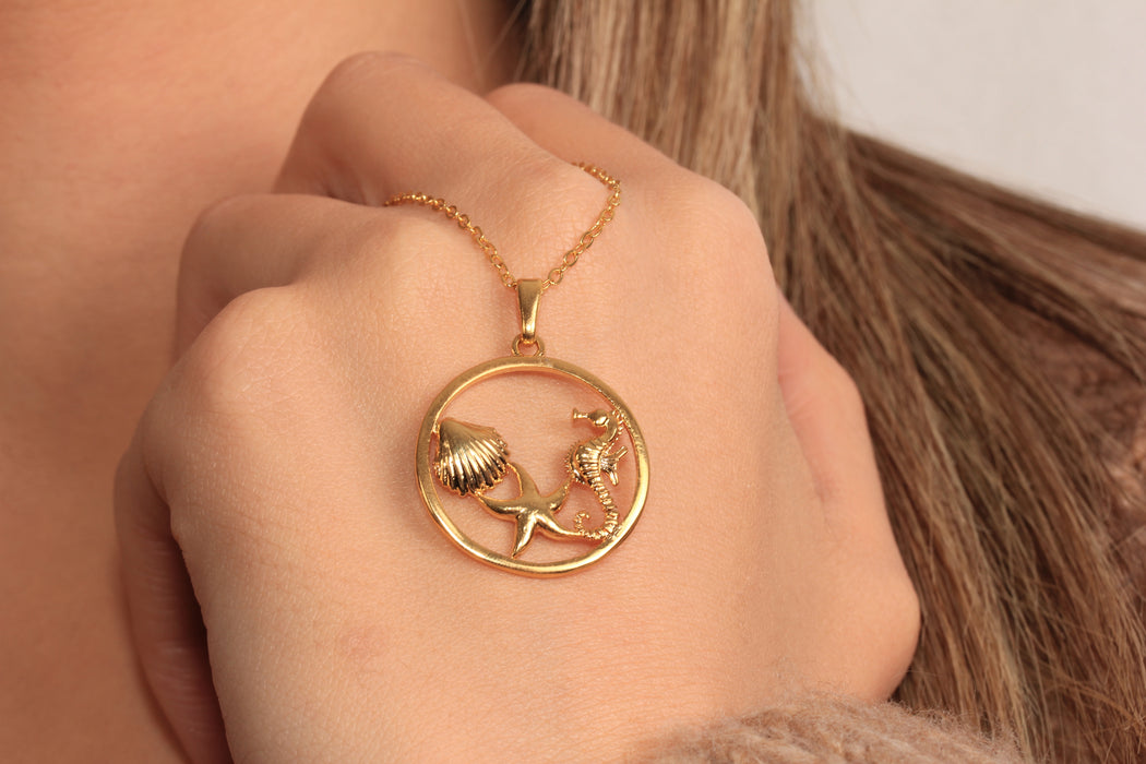 Summer Medallion Necklace, Starfish Charm Necklace, Shell Necklace, Seahorse Necklace, Cute Everyday Necklace, JN5-8